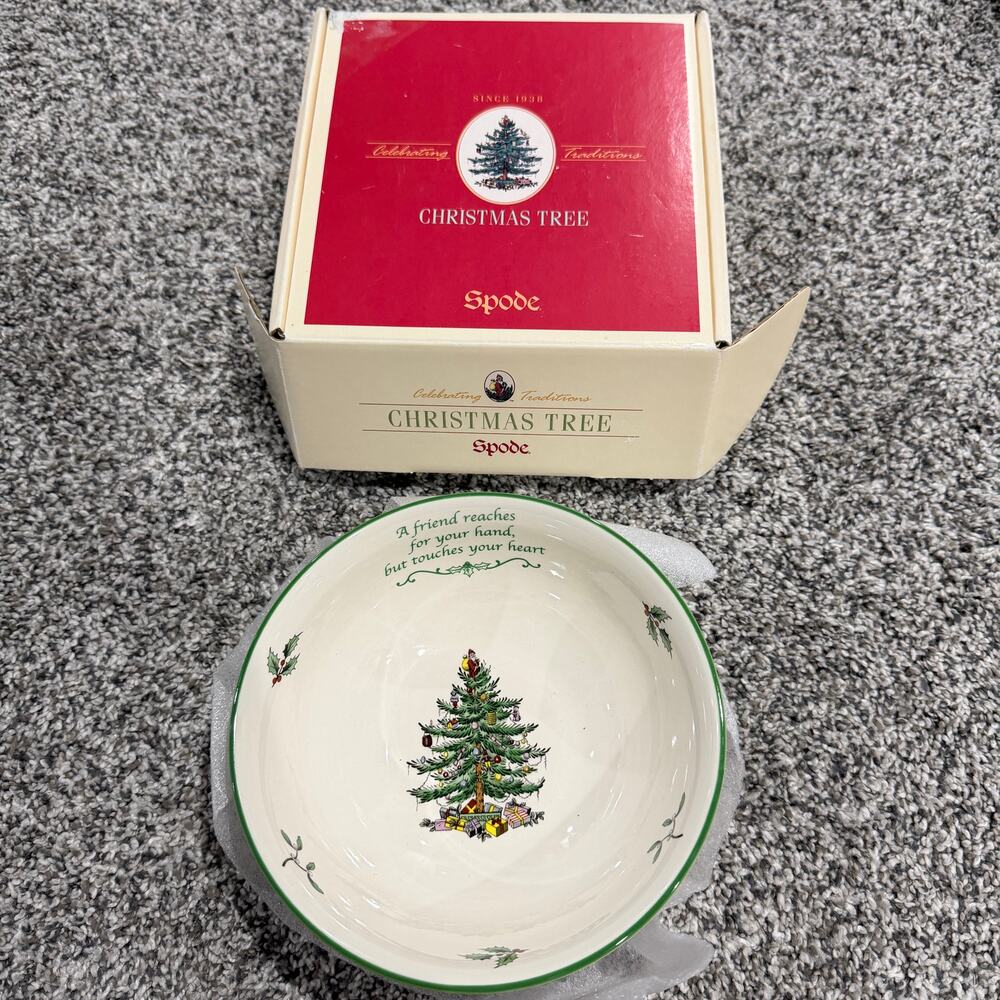 SPODE Christmas Tree Revere Bowl w/ "Friend Touches Your Heart" Quote, NIB